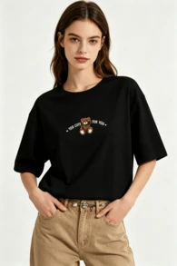 LEFTIES Women's Summer Casual Loose Crew Neck T-Shirt With Bear & Slogan Print - Black - View 11