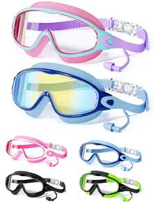 1/2pcs Kids Swimming Goggles With Earplugs, Large Frame Anti-Fog/Wide Vision Swimming Goggles For Boys And Girls Ages 4-12, First Day Of School - Multicolor - View 2