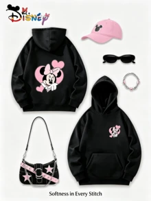 Disney Minnie Mouse Heart Print Y2K Pattern Hoodie. Pink Heart Print Hooded Top With Double-Sided Pink Heart Print. Loose Fit, Versatile, And A Perfect Holiday Gift Choice. (Women's Autumn/Winter Clothing/Elegant Women's Outfits/Patterned Hoodies/Printed Tops/Casual Outfits For Women/Women Trending Now/Holiday Co-Ord/Plus Size Friendly) - 黑色 - 查看 1