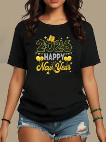 Brillo festivo con números dorados 2026 sombrero brillante globos y chispas que celebran nuevos comienzos y alegría para brindar una noche llena de esperanza y felicidad camiseta de mujer casual moderna - Negro - Ver 8
