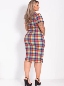 Casual Short-Sleeved Plaid Midi Dress, Comfortable For Spring/Summer - 多彩象棋 - 查看 2