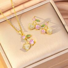 Bộ 1 dây chuyền và bông tai bằng thép không gỉ hình quả anh đào hồng, trang sức cao cấp khảm họa tiết tinh xảo, quà tặng tiệc tùng cá nhân hóa. - Anh đào vàng - Xem 5