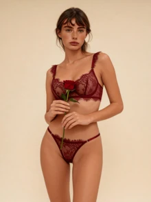 2 piezas Conjunto de lencería para mujer, color borgoña, sujetador de encaje floral francés, transpirable y con soporte con aros, adecuado para ocasiones románticas y regalos - Burdeos - Ver 4