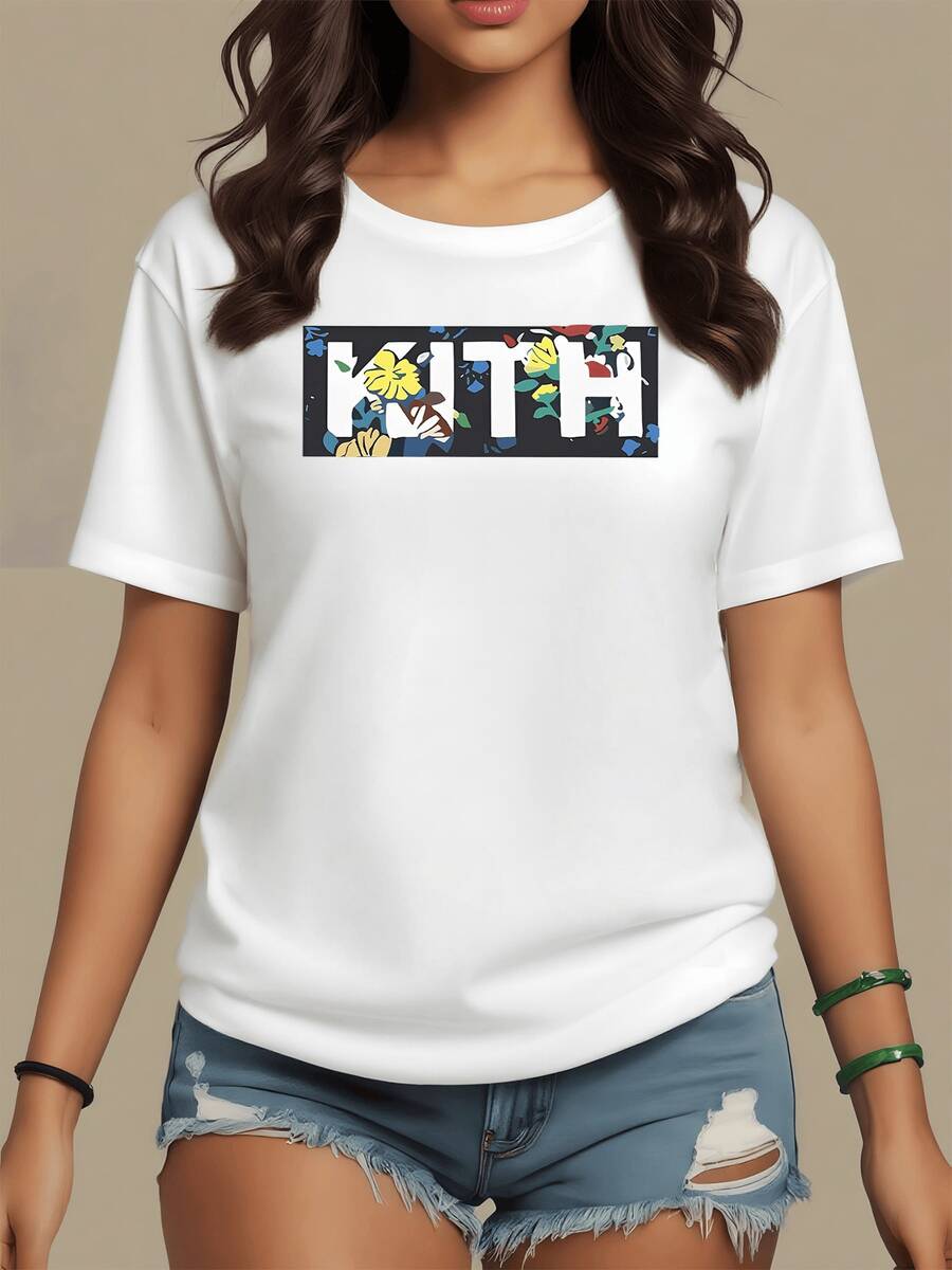Colorful Tropical Flowers Representing The Joy And Energy Of Nature With A Modern Urban Touch On A Dark Background Create A Vibrant And Stylish Contrast. Comfortable Casual Women's T-Shirt For Summer And Everyday Wear - 白色 - 查看 1