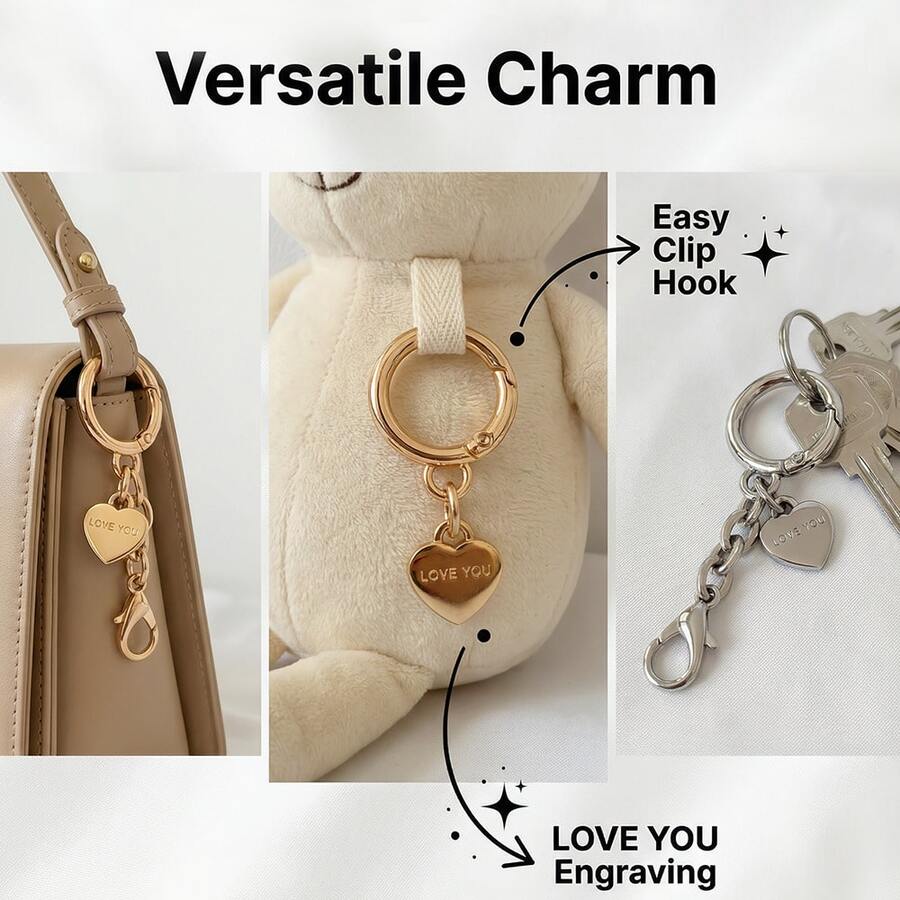 2pcs Heart Shaped Keychain, Love Couple Keychain With Lobster Clasp And Chain, Metal Gold Color DIY Jewelry Accessory - Multicolor - View 1