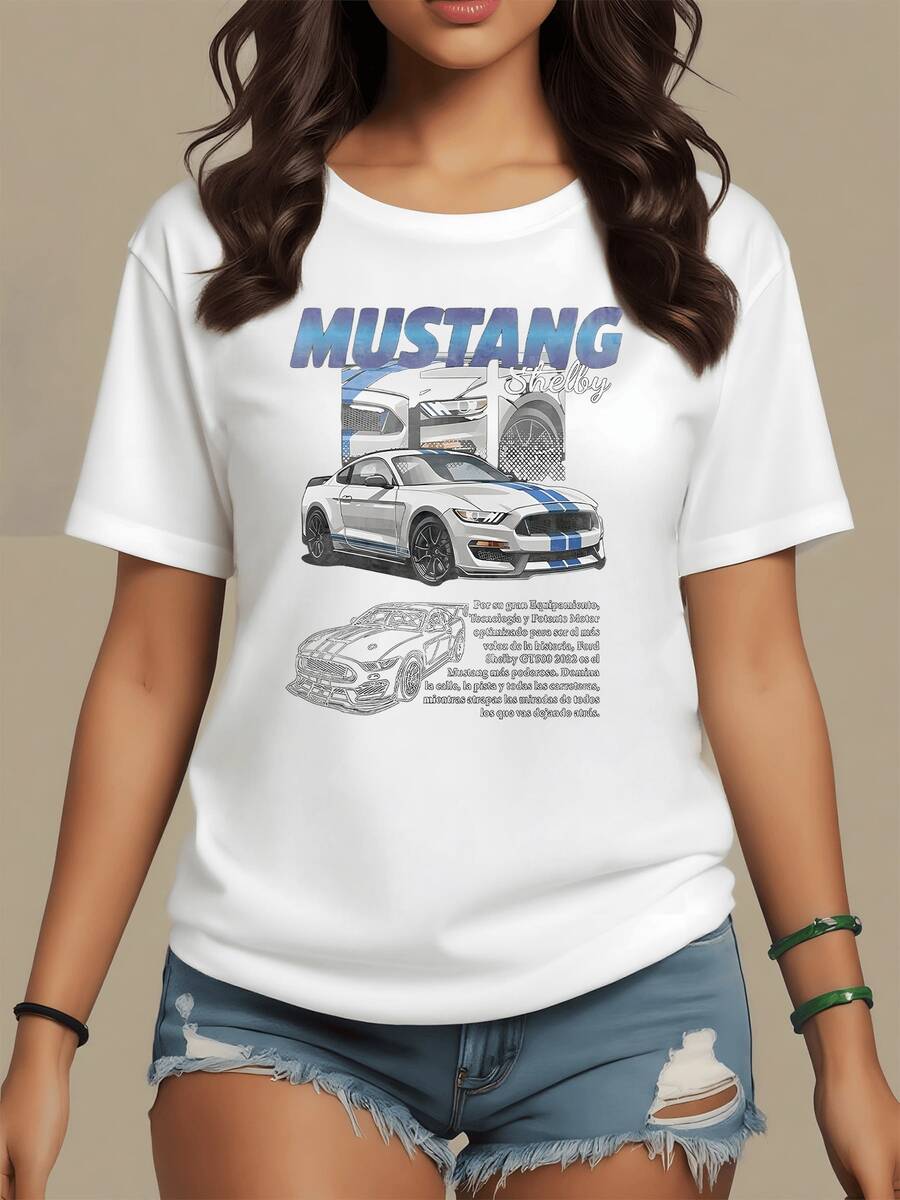 Classic Sports Car With Powerful Speed And An Indomitable Spirit That Symbolizes Freedom; The Roar Of The Engine Conveys Strength And Passion, Perfect For Those Who Love Adventure And The Open Road. A Modern, Comfortable, Casual Women's T-Shirt For Everyday Wear. - 白色 - 查看 1