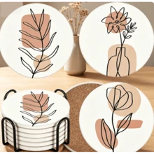 6 Pcs Abstract Floral Line Art Coasters With Holder, Minimalist Boho Absorbent Ceramic Drink Coasters For Home Decor - Beach 2 - View 1