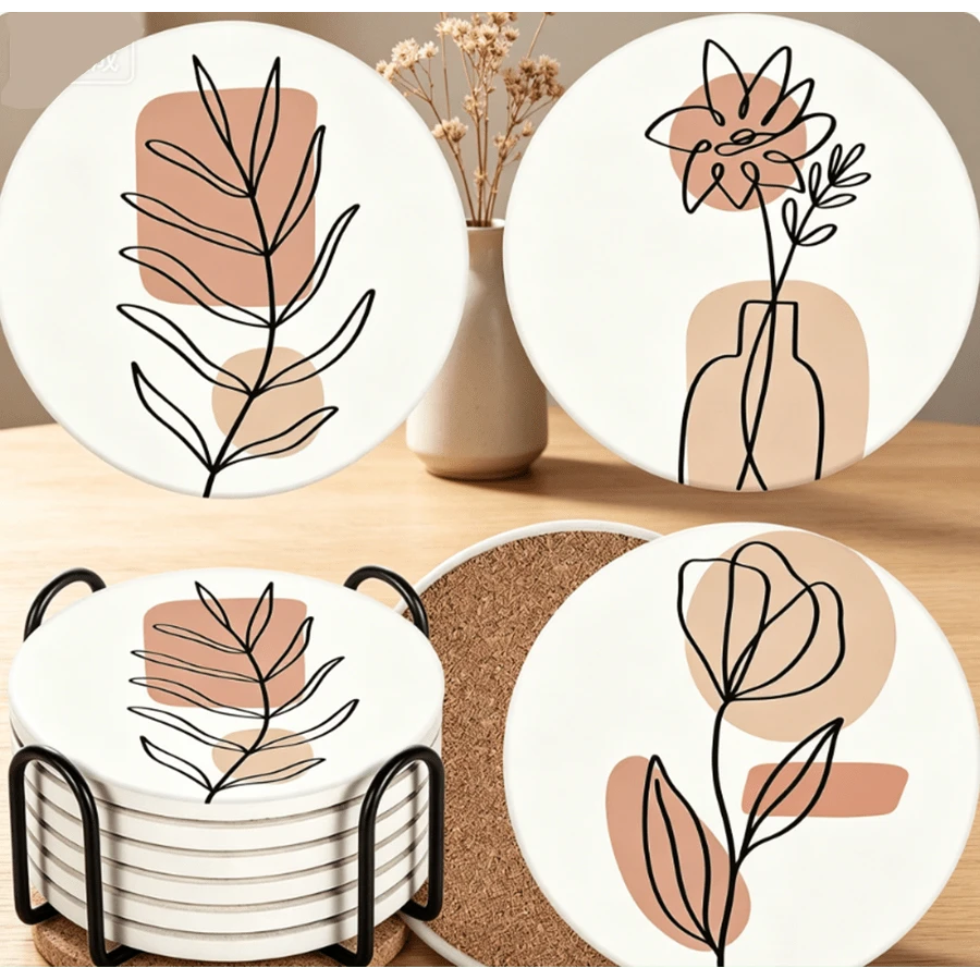 6 Pcs Abstract Floral Line Art Coasters With Holder, Minimalist Boho Absorbent Ceramic Drink Coasters For Home Decor - Beach 2 - View 1