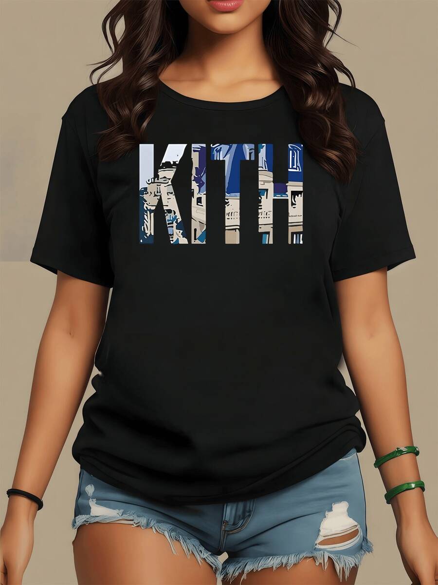 Edificios y formas urbanas en tonos azules y beige simbolizan conexión cultural y movimiento moderno reflejando energía metropolitana camiseta de mujer casual cómoda para uso diario - Negro - Ver 1