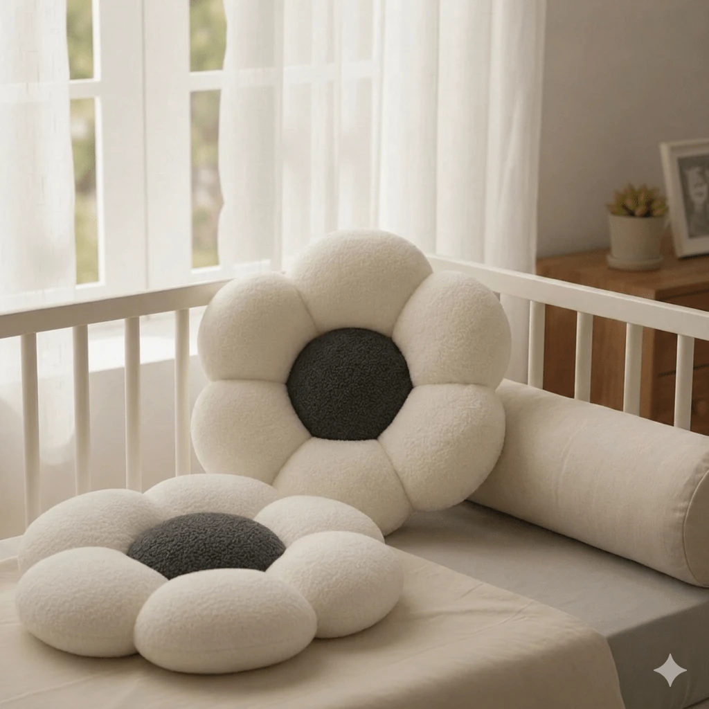 2 Pieces Daisy- Ultrashaped-Soft Plush Seat/Mat - 45x45 Cm - Made In Türkiye - White - View 1