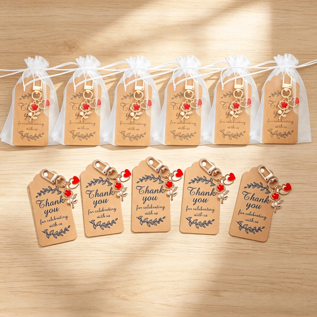12pcs Red Flower & Heart Keychain Set, 12 Keychains + 12 Thank You Cards + 12 Organza Bags, Thank You, Encouragement Cards, Ideal Gift For Teachers, Coaches, Mentors, Parents And Friends | Accessory Set, Ideal Gift. Party Favor Pack, Wedding, Birthday, Baby Shower, Travel Souvenir, Graduation, Housewarming, Party Gathering, Gifts - Red - View 1