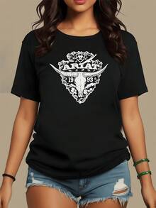 Bull Skull With Extended Horns Representing Strength, Freedom And The Spirit Of The West Combined With Floral Motifs That Reflect Nature And Elegance. Women's Casual Modern T-Shirt, Comfortable And Versatile For Everyday Wear - 黑色 - 查看 8