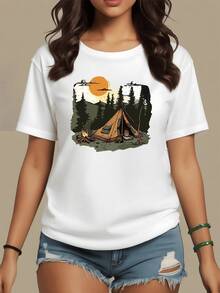 A Warm Sunset Over Snow-Covered Mountains With A Campsite Surrounded By Pine Trees And A Lit Campfire Evokes Freedom, Nature, And Calm. A Comfortable, Casual Women's T-Shirt For Outdoor Adventures. - 白色 - 查看 8