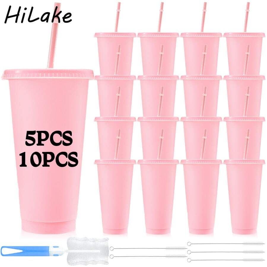 HILAKE 5/10pcs 24oz Pink Water Bottle With Lid And Straw, Perfect For Iced Tea And Iced Coffee, Ideal For Graduation Party, Campus Events, Spring Break, Reusable And Durable, Comes With Cup Brush And Straw Brush, Suitable For Wedding, Beach, Picnic And Other Occasions DIY Cute Gift - Multicolor - View 1