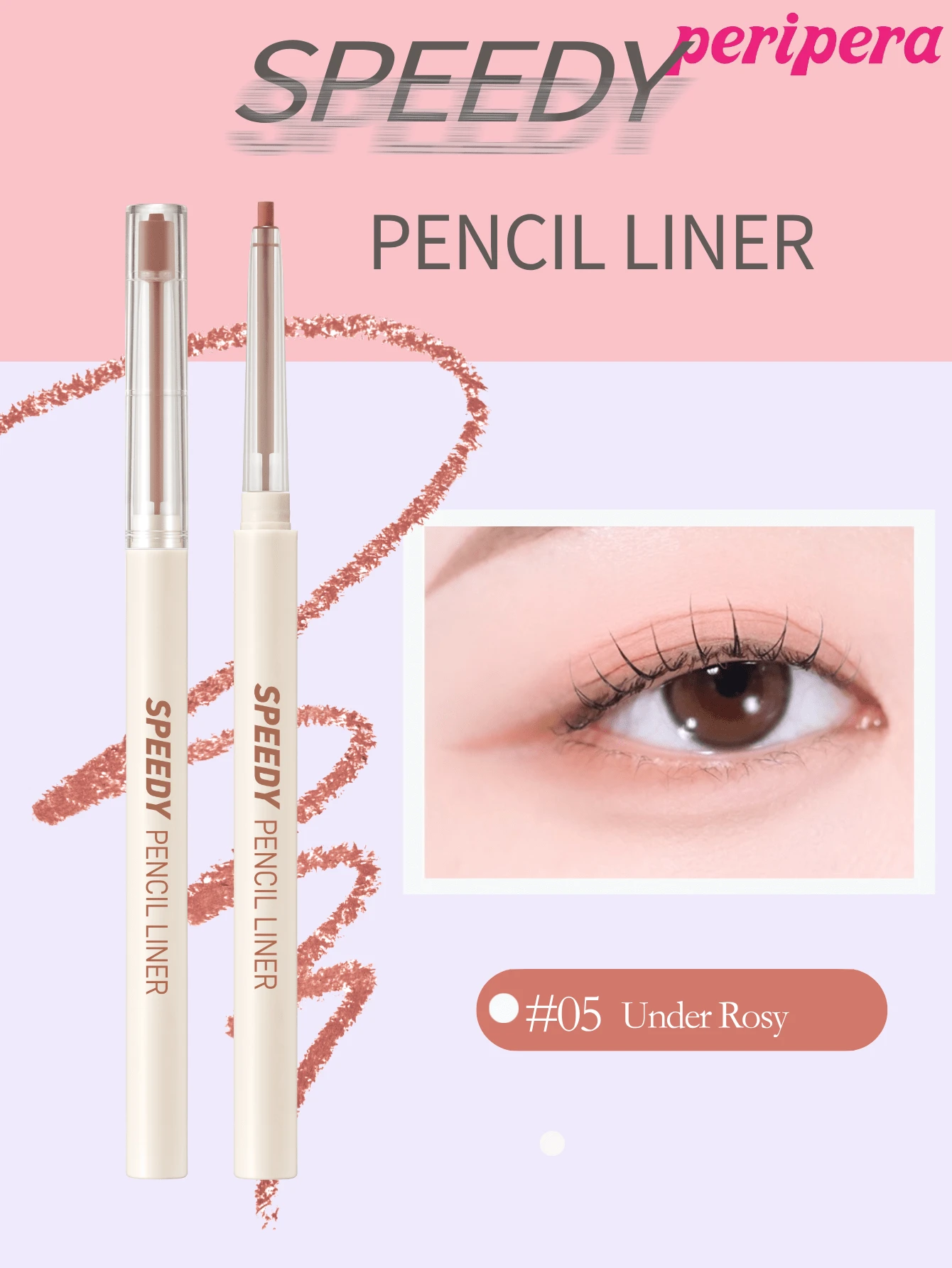 Peripera Lápiz delineador de ojos efectivo de K-Beauty, lápiz delineador de ojos tipo gel, punta fina de 2 mm, alta pigmentación, color intenso, textura suave, de larga duración, acabado mate, resistente al agua y al sudor, adecuado para maquillaje diario y coreano - 05 Bajo Rosy - Ver 1