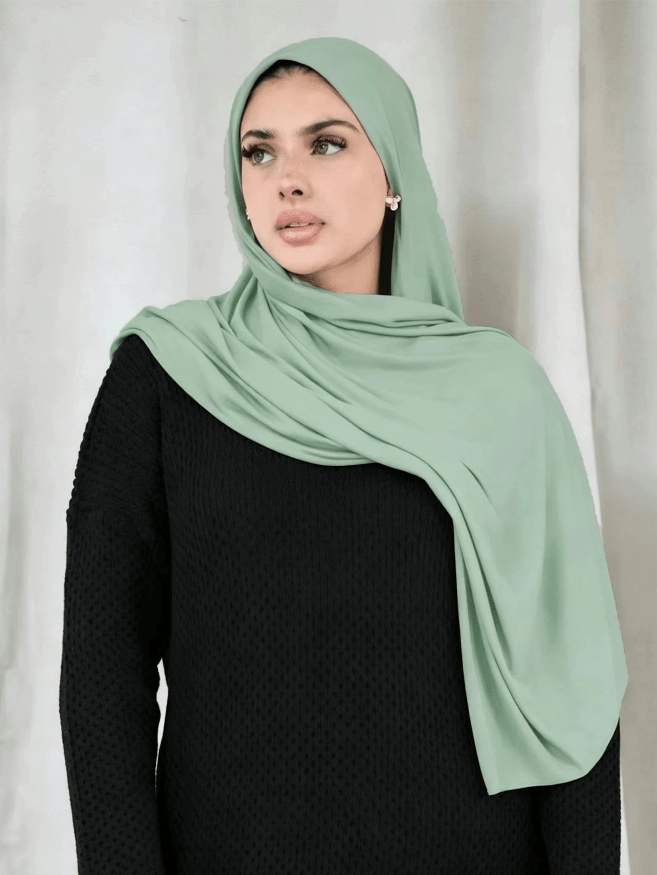 1pc Plus Size Soft Casual Solid Color Knitted Muslim Headscarf/Scarf For Women - Bean Green - View 1