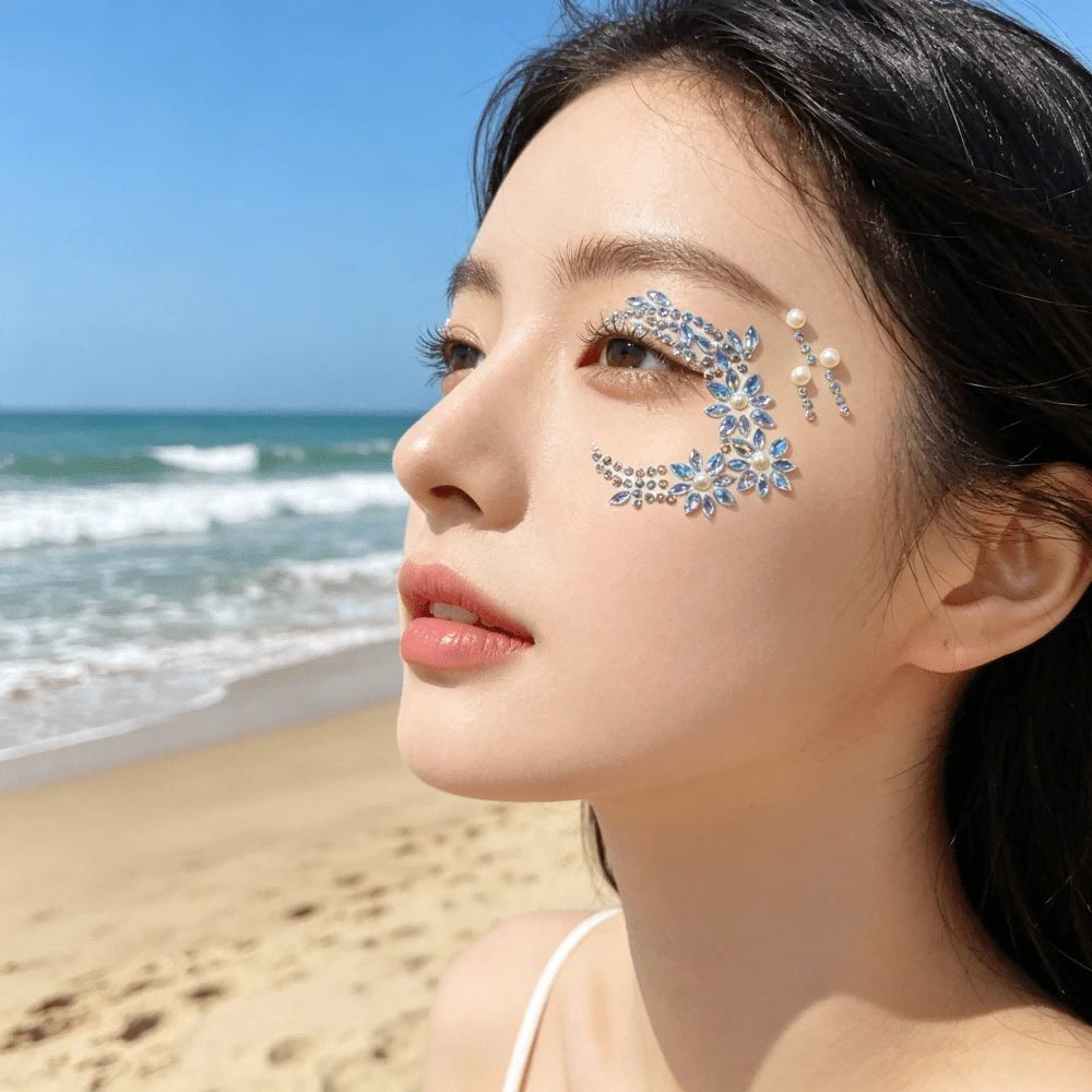 Iridescent Moon Shape, Face Rhinestone Sticker With Pearl & AB Rhinestone Accents, Self-Adhesive Face Decor Sticker For Stage, Party Makeup, Shiny Effect, Easy To Apply On Skin, Music Festival Glam Makeup Embellishment - Multicolor - View 1