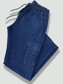 Men's Dark Blue Cargo Jeans Without Elastane, With Drawstring Waist And Side Pockets - C/03 - 查看 4