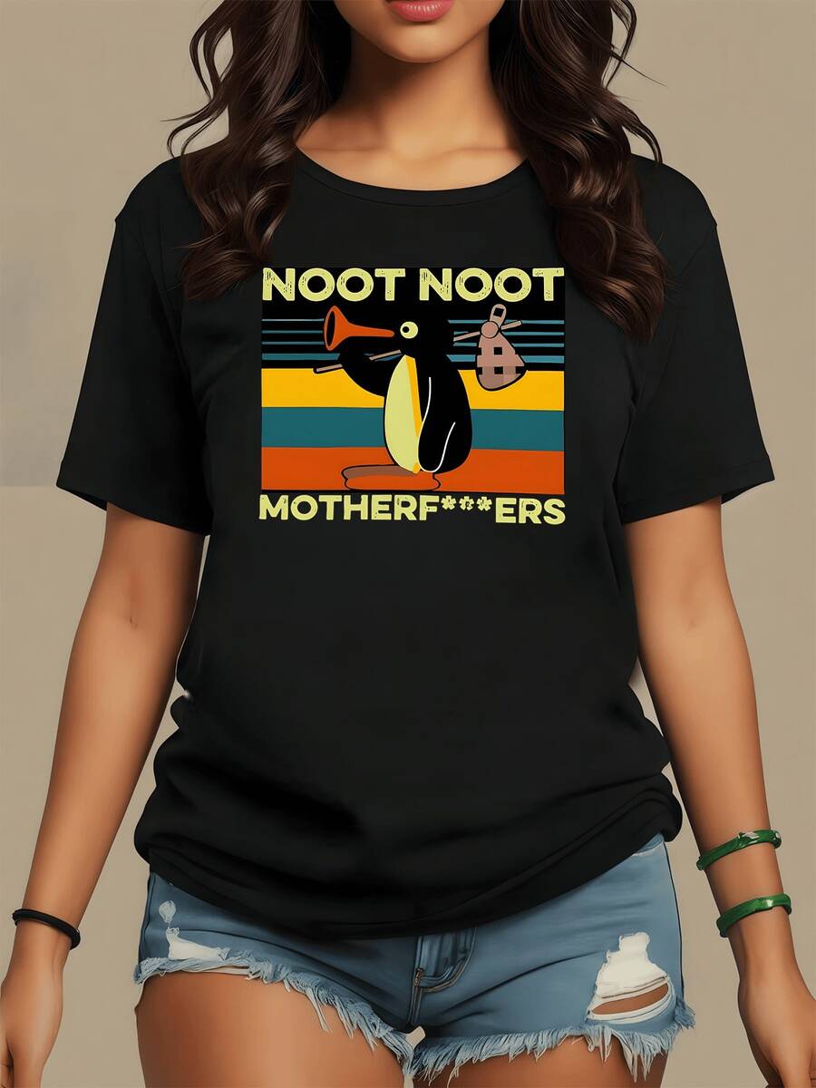 Penguin Expressing Joy With Vibrant Colors And A Fun Attitude, Accompanied By Retro Lines That Evoke A Free Spirit And Relaxed Humor. Modern Casual Women's T-Shirt For Everyday Wear - 黑色 - 查看 1