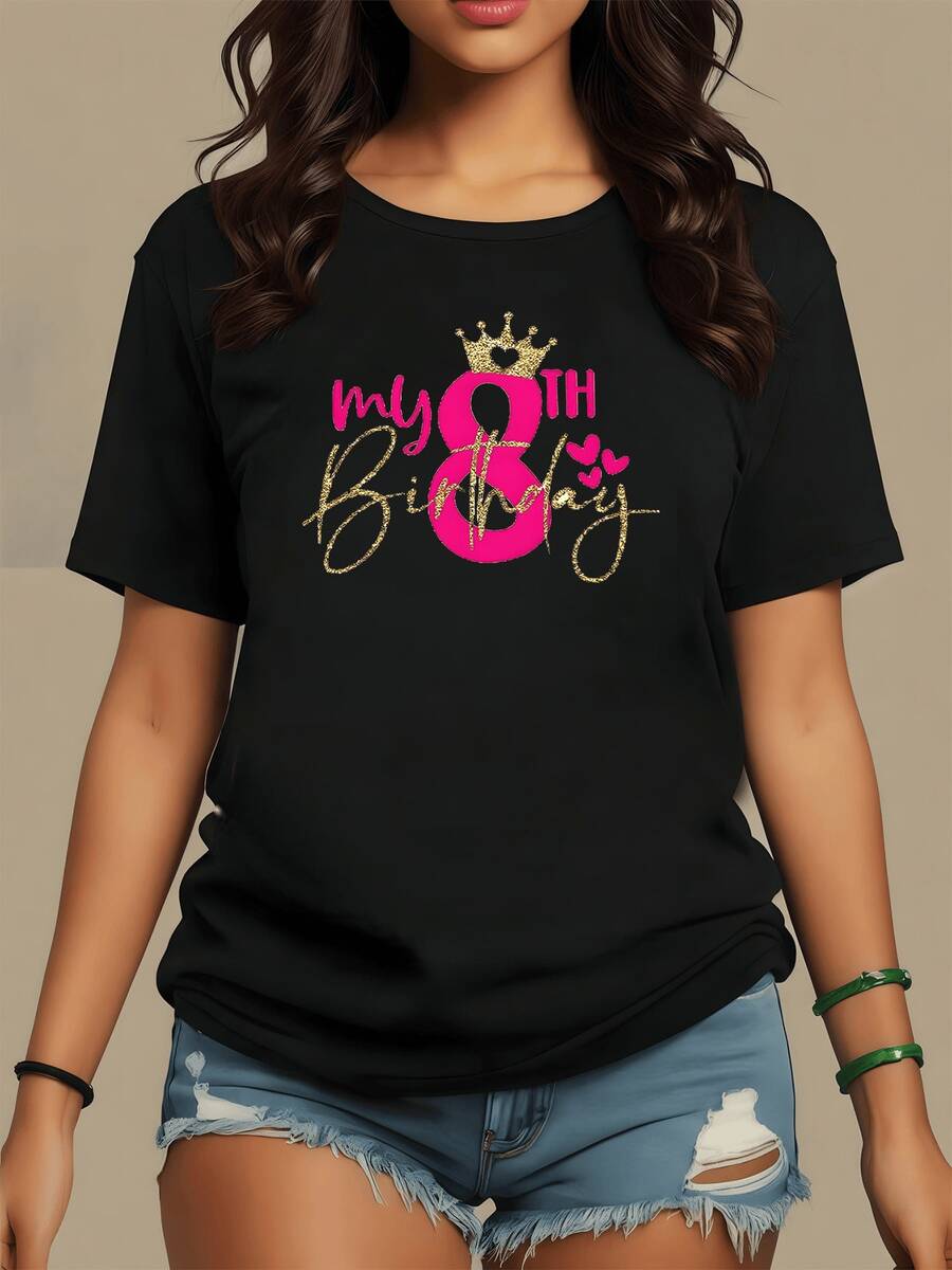 Corona dorada sobre número 8 rosado que simboliza celebración alegría y amor propio junto a corazones que transmiten afecto y energía positiva camiseta de mujer moderna ideal para cumpleaños festivos y momentos especiales - Negro - Ver 1