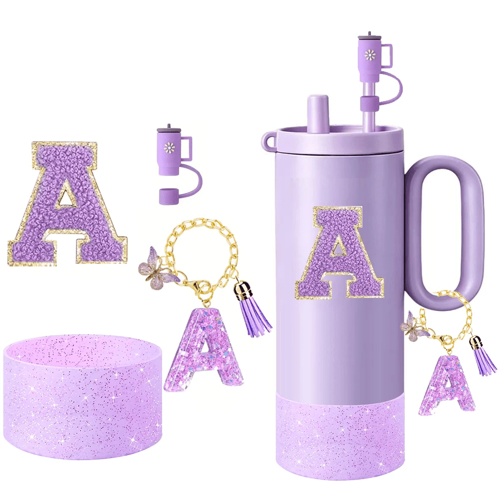 Set Aksesori Gelas A-Z 4 Buah (Cocok untuk Semua Gelas 30-40oz) - Set Aksesori Termasuk: 1 Penutup Debu Sedotan, 1 Liontin Huruf, 1 Pelindung Bawah Gelas Silikon Mengkilap, 1 Stiker Huruf Gelas - Purple - View 1