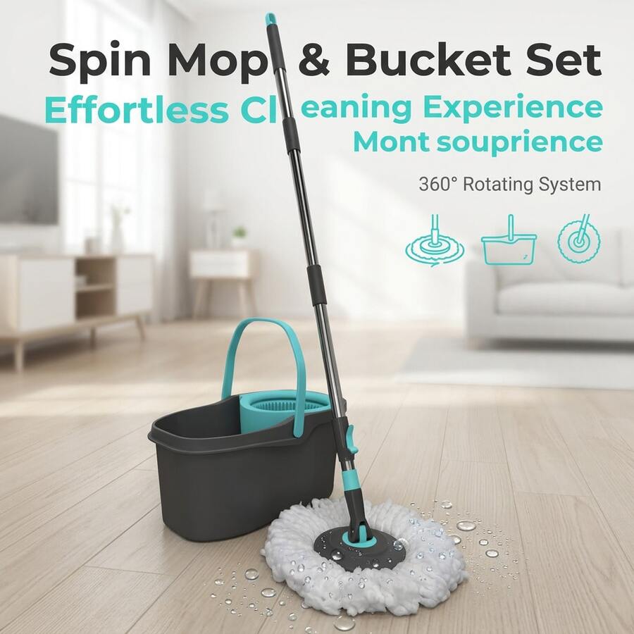 Conjunto de cubo y trapeador giratorio 360°, sistema de limpieza compacto de un solo cubo, trapeador autoestrujador con mango de acero inoxidable y cabezal de microfibra, herramienta doméstica ahorradora de espacio (Gris/Verde azulado) - A - Ver 1