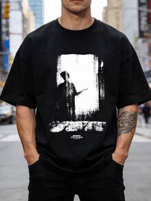 Camiseta de hombre de color verde oliva de peso pesado - Camiseta estampada estilo urbano con efecto vintage y desgastado, cuello redondo, casual, adecuada para todas las estaciones, ideal para uso diario y vacaciones, corte holgado y duradero, adecuada para fiestas y uso diario, perfecta para vacaciones y tiempo de ocio, ideal para fiestas y vacaciones familiares, estilo urbano, moda moderna, atuendo de fiesta, ropa casual de verano. - Negro - Ver 1
