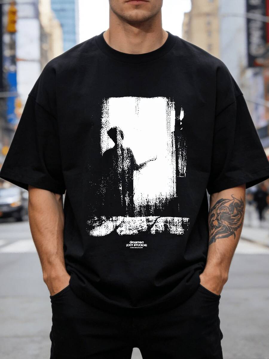 Camiseta de hombre de color verde oliva de peso pesado - Camiseta estampada estilo urbano con efecto vintage y desgastado, cuello redondo, casual, adecuada para todas las estaciones, ideal para uso diario y vacaciones, corte holgado y duradero, adecuada para fiestas y uso diario, perfecta para vacaciones y tiempo de ocio, ideal para fiestas y vacaciones familiares, estilo urbano, moda moderna, atuendo de fiesta, ropa casual de verano. - Negro - Ver 1