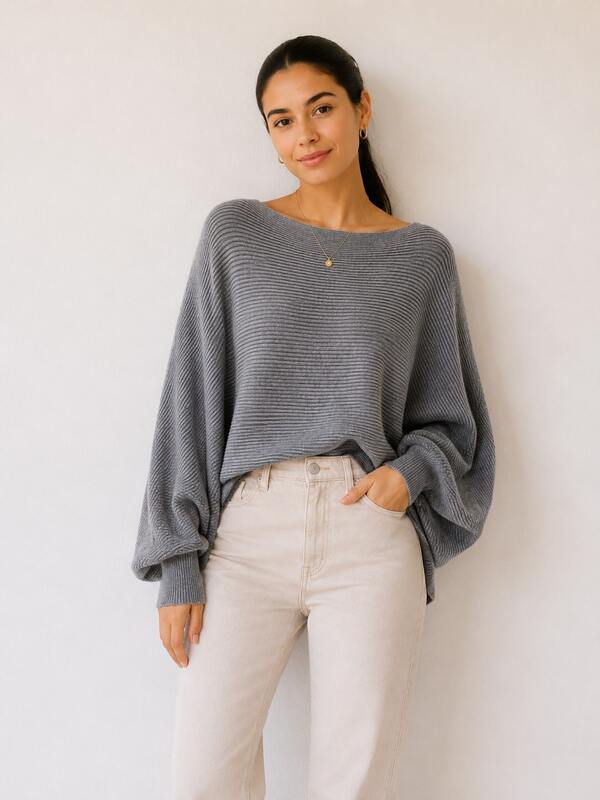 Blusa Tricô Feminina Cinza Manga Morcego Oversized Canelada Suéter Elegante Soltinho