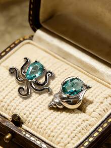 1 Pair Minimalist Cute Ocean Series Stud Earrings - Crab, Jellyfish, Seashell, Seahorse, Delicate & Unique Design, Suitable For Summer Beach Vacation And Gift Giving For Girlfriend, Daughter, Best Friend, Mother - Jellyfish + Conch - View 1
