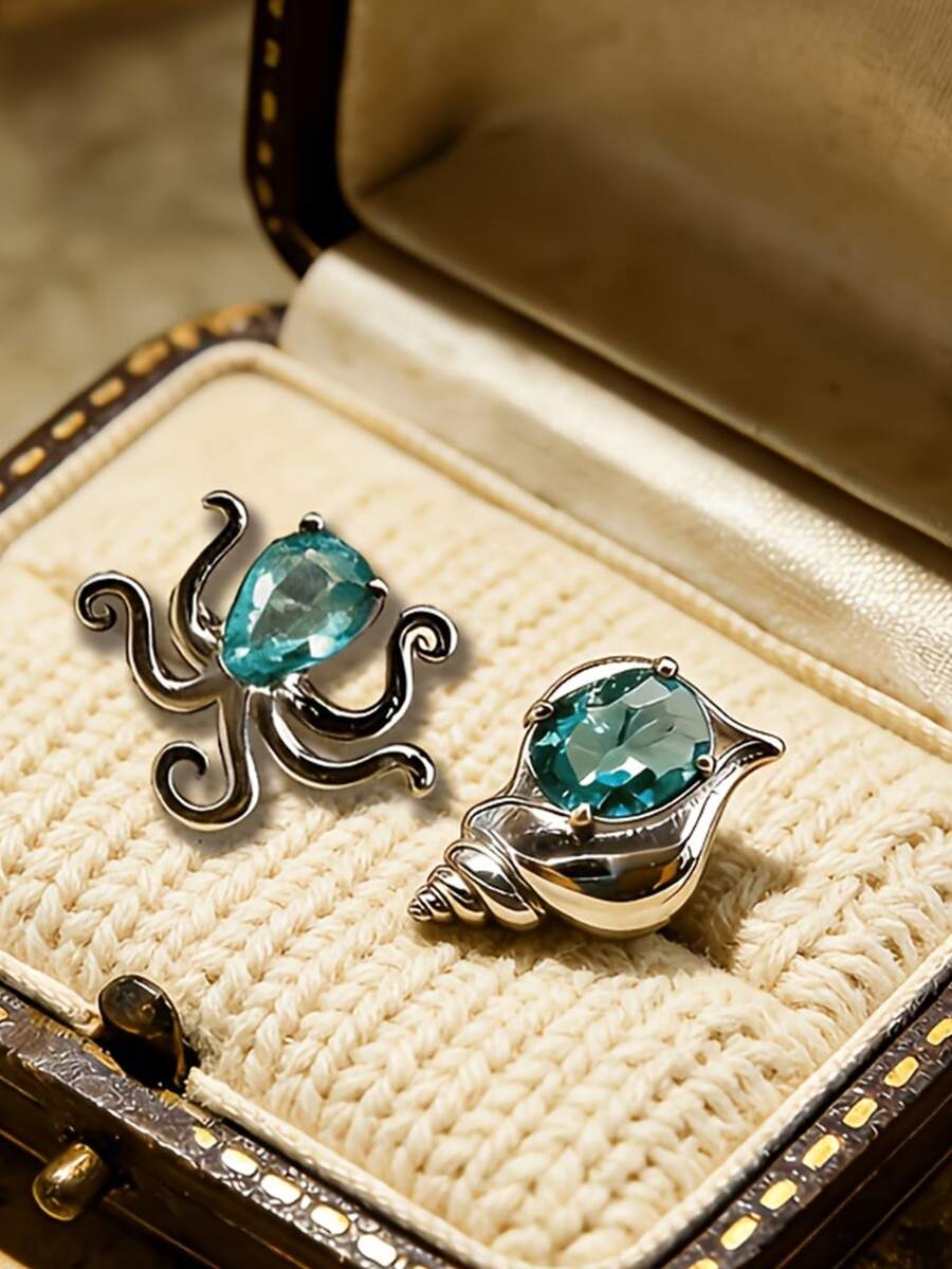 1 Pair Minimalist Cute Ocean Series Stud Earrings - Crab, Jellyfish, Seashell, Seahorse, Delicate & Unique Design, Suitable For Summer Beach Vacation And Gift Giving For Girlfriend, Daughter, Best Friend, Mother - Jellyfish + Conch - View 1