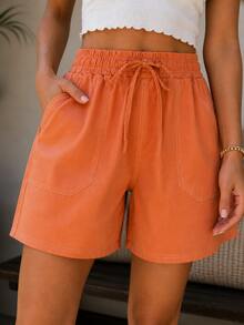 Bermuda ligera mujer short unicolor con costura de contraste, pantalón corto con cintura ajustable dama para vacaciones - Naranja - Ver 6