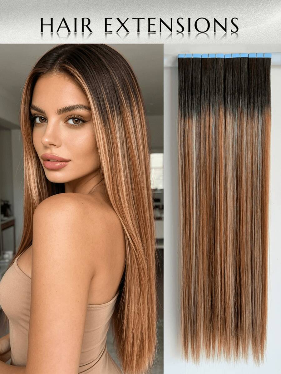 WaveTrip 10pcs Ekstensi Rambut Mini Tape-In Wanita, Ekstensi Rambut Sintetis Kanekalon Lurus 24 Inci, Tidak Pudar, Tanpa Sambungan & Tidak Terlihat Untuk Semua Jenis Rambut 10 Pcs/Paket 35g - MultiWarna - View 1