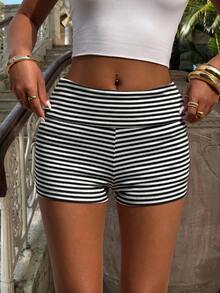 Women's Black & White Striped Low-Waist Fitted Shorts, Casual Elastic Shorts In Striped Knit Fabric, Suitable For Vacation, Daily Wear, Travel, Dates In Spring, Summer, Autumn - Black and White - View 7