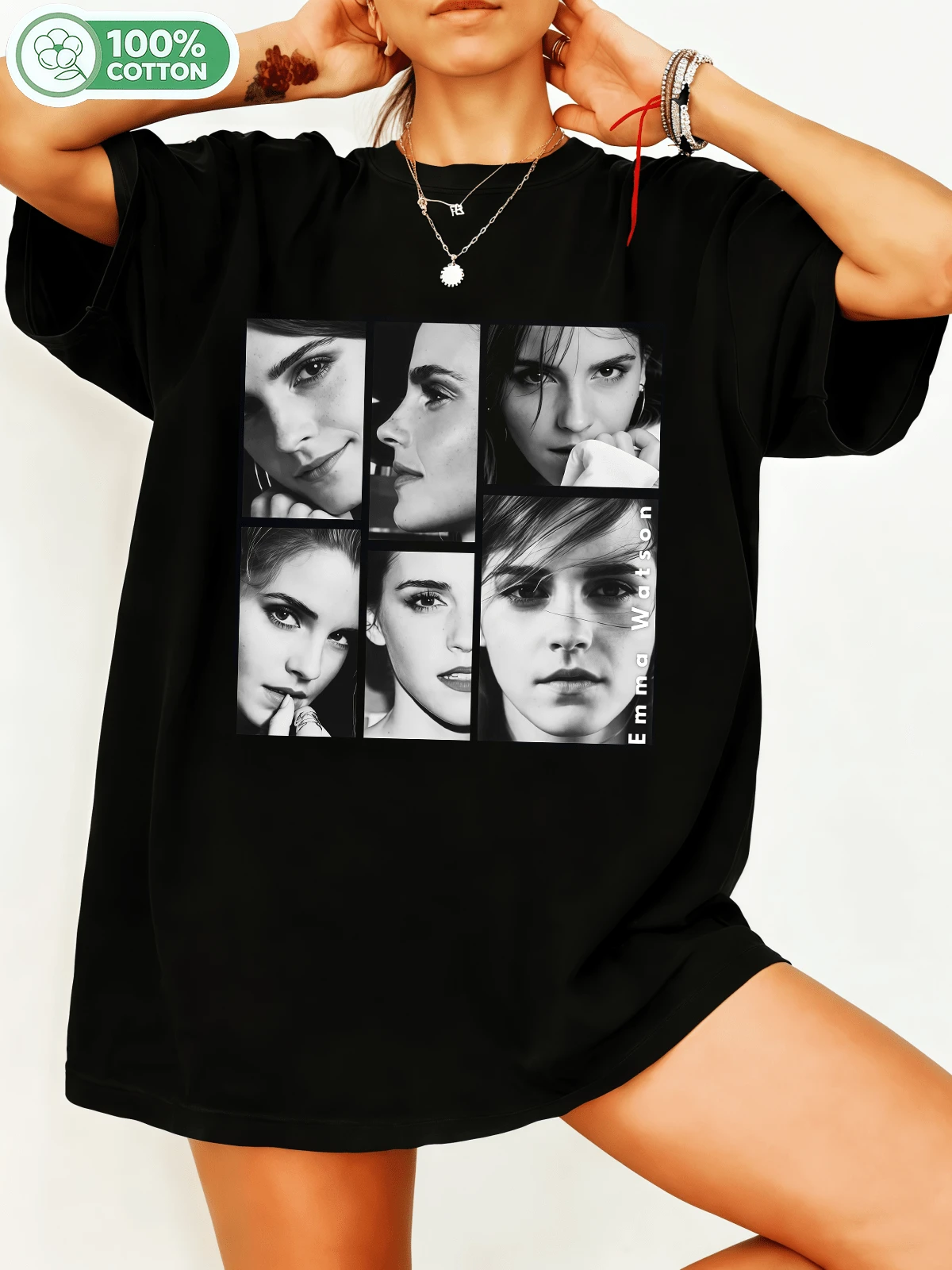 100% Cotton Emmaa Watson Retro Graphic T-Shirt, Hermione Granger Black And White Collage T-Shirt, Casual Short Sleeve Crew Neck Top For Fans, Oversized Streetwear Black. - Black - View 1