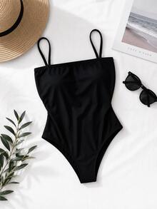 Women's Bodysuit With Thin Straps, Straight Neckline, Spandex Fabric With Padded Cups. Perfect For Parties, Christmas, New Year's, Birthdays, Day/Night, Casual, Versatile, And Suitable For Summer And Hot Weather. - 黑色 - 查看 1