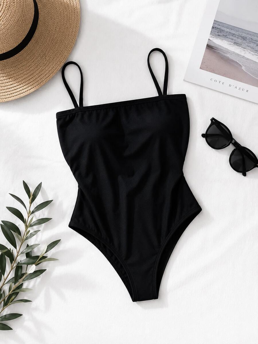 Women's Bodysuit With Thin Straps, Straight Neckline, Spandex Fabric With Padded Cups. Perfect For Parties, Christmas, New Year's, Birthdays, Day/Night, Casual, Versatile, And Suitable For Summer And Hot Weather. - 黑色 - 查看 1
