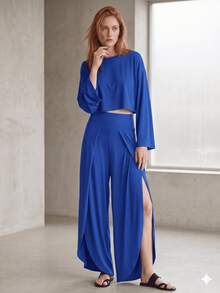 Conjunto Falda Pantalon Comodo Elegante y Sexy Ideal para Dias De Oficina o Dias Casuales - Azul - Ver 1