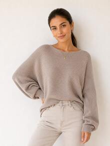 Women's Beige Knit Blouse With Batwing Sleeves, Oversized Ribbed Knit Sweater, Loose Fit, Premium Style - 米色 - 查看 4
