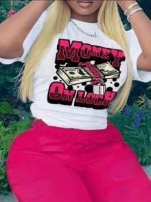 Billete de dinero con candado simboliza  y control financiero inspirado en la fuerza del éxito femenino camiseta de mujer de manga corta casual moderna - Blanco - Ver 8