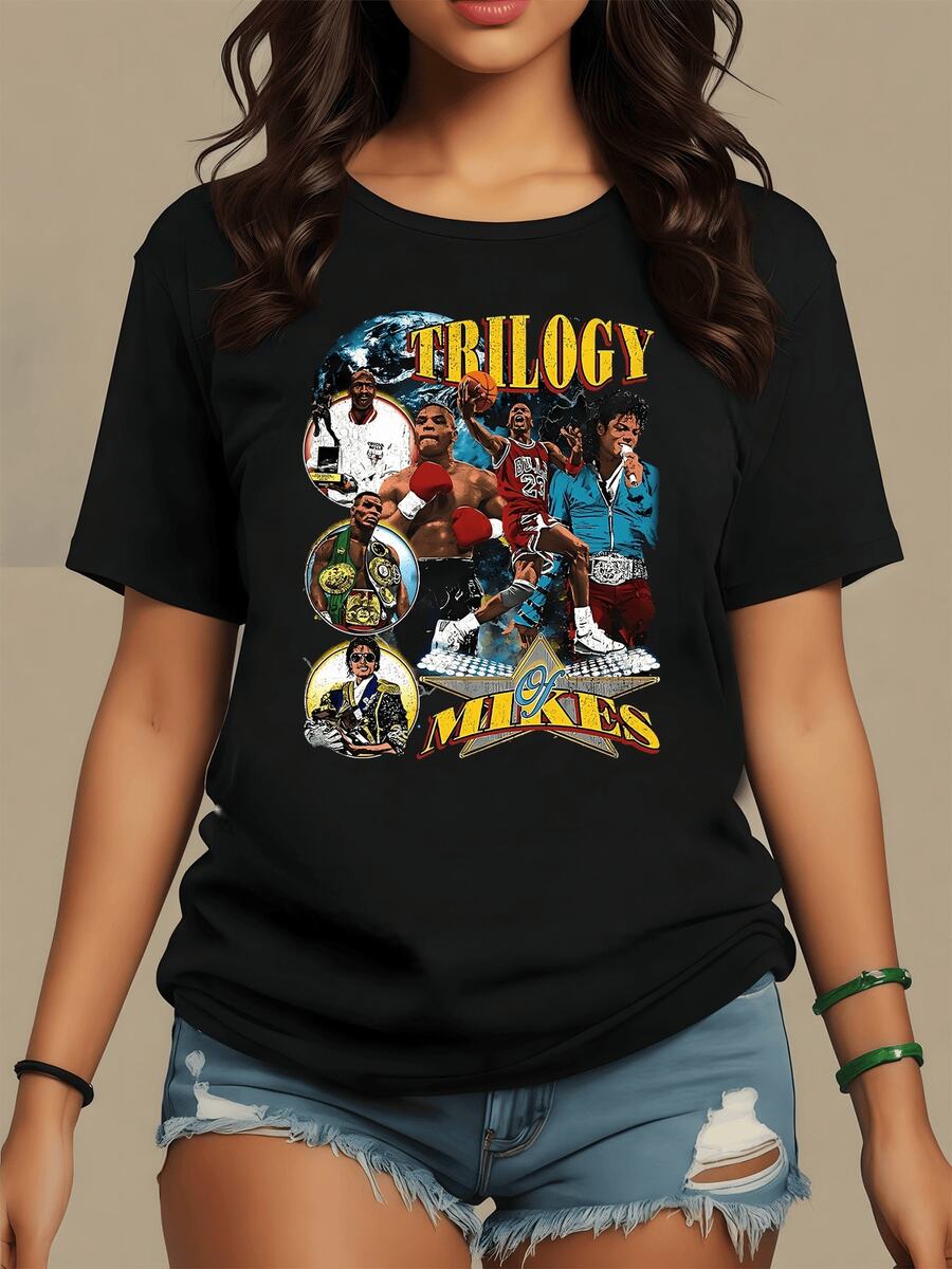 Graphic Celebrating The Strength And Passion Of Sport Along With The Energy Of Music, Showcasing Iconic Figures That Symbolize Talent And Overcoming Challenges. Women's Casual, Modern, Comfortable T-Shirt For Everyday Wear. - 黑色 - 查看 1
