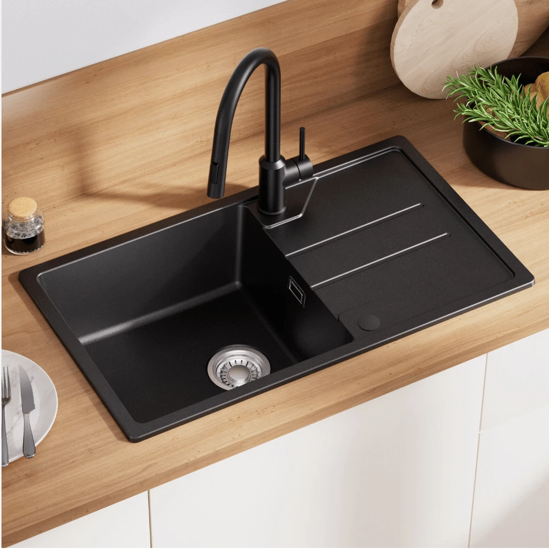 Diese Küchenspüle mit einem Becken (65*45 cm/78*45cm) und Quarzstein-Arbeitsplatte ist einfach zu installieren. Sie verfügt über einen Überlauf mit passendem Überlaufmechanismus. Zwei Armaturenbohrungen sind bereits vorhanden. Das dichte, robuste und form- sowie farbbeständige Material sorgt mit seiner großen Arbeitsfläche und den abgerundeten Ecken für komfortables Waschen, Schneiden und Auftauen. - 78*45 - Übersicht 1