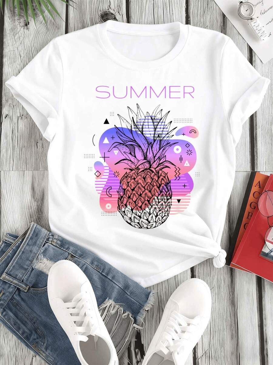 Piña tropical con tonos degradados rosados y lilas que evoca n la frescura del verano y la alegría de los días soleados camiseta de mujer casual - Blanco - Ver 1