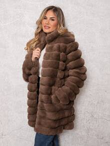 Women's Long Fleece Coat For Winter With Zipper And Pockets, Elegant And Warm - Chocolate Brown - View 1