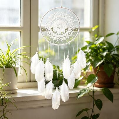 Handmade Woven Dreamcatcher Wall Hanging Decor, Crochet Lace Ornament, Boho Style Bedroom Living Room Apartment Decoration, White