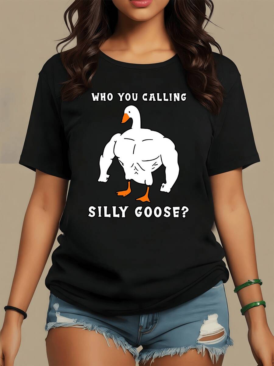 A Fun Image Of A Strong Goose With A Defiant Attitude Conveys Humor And Confidence, Ideal For Those Who Love To Stand Out With An Original Touch In Their Clothing. Casual Women's T-Shirt For Everyday Wear - 黑色 - 查看 1