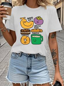 Frutas sonrientes que representan la alegría de un desayuno saludable con banana pan galletas leche y coloridos personajes divertidos que inspiran energía positiva camiseta de mujer casual moderna cómoda para uso diario - Blanco - Ver 1