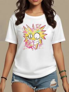 Explosion Of Vibrant Colors With A Cartoonish Sun Smiling Broadly, Conveying Positive Energy, Rebellion, And Urban Joy. Women's Casual, Modern, And Comfortable T-Shirt For Everyday Wear. - 白色 - 查看 1