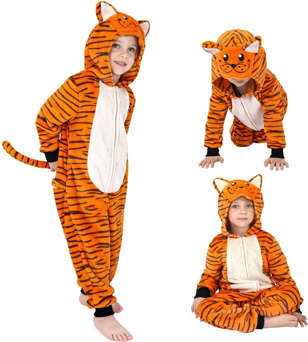 Kid Animal Jumpsuit Tiger Outfits For Girls Boys Orange Flanne Tiger Flannel Jumpsuit Holloween Costume For Unisex With Tail 3-12Y