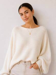 Women's White Knit Blouse With Batwing Sleeves, Oversized Ribbed Knit Sweater, Loose Fit, Elegant - White - View 3